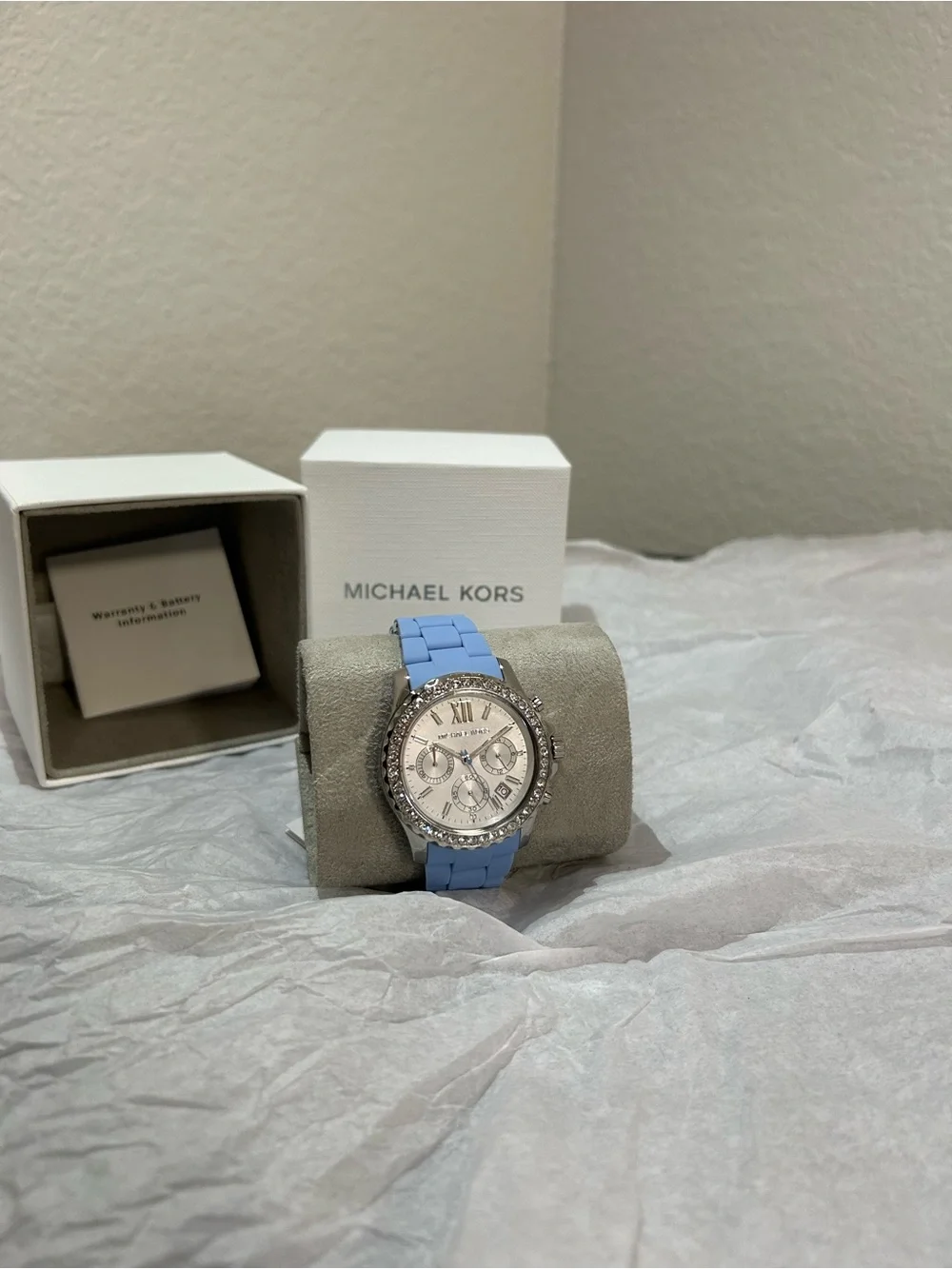 Michael Kors Silver Dial Watch with Light Blue Strap and Crystal Bezel, New